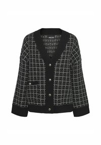 Mustvalge tekstuuriga kardigan V-kaelusega, nupuklapi ja ruudustiku mustriga. Omab ühte küljetaskut ja soonikkoes varrukaid.