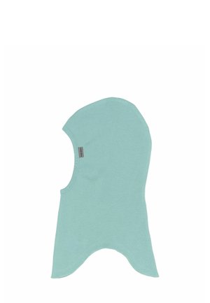 Hele sinine kootud balaklava-stiilis kapuuts, millel on küljes väike kangast silt, mõeldud pea ja kaela katmiseks.