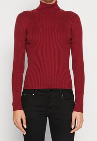 Pull à col roulé bordeaux côtelé à manches longues, présentant des lignes verticales et des accents subtils aux épaules et aux manches.