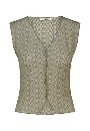 Mouwloze blouse met knopen, gemaakt van groene, halftransparante, gestructureerde meshstof en een V-halskraag.