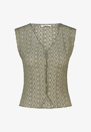 Mouwloze blouse met knopen, gemaakt van groene, halftransparante, gestructureerde meshstof en een V-halskraag.