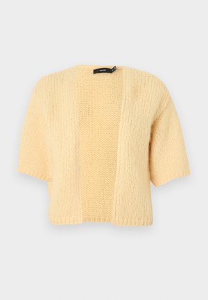Krótkorękawowy, rozpinany kardigan z dzianiny w jasnym żółtym kolorze z teksturowanym wzorem i luźnym krojem.