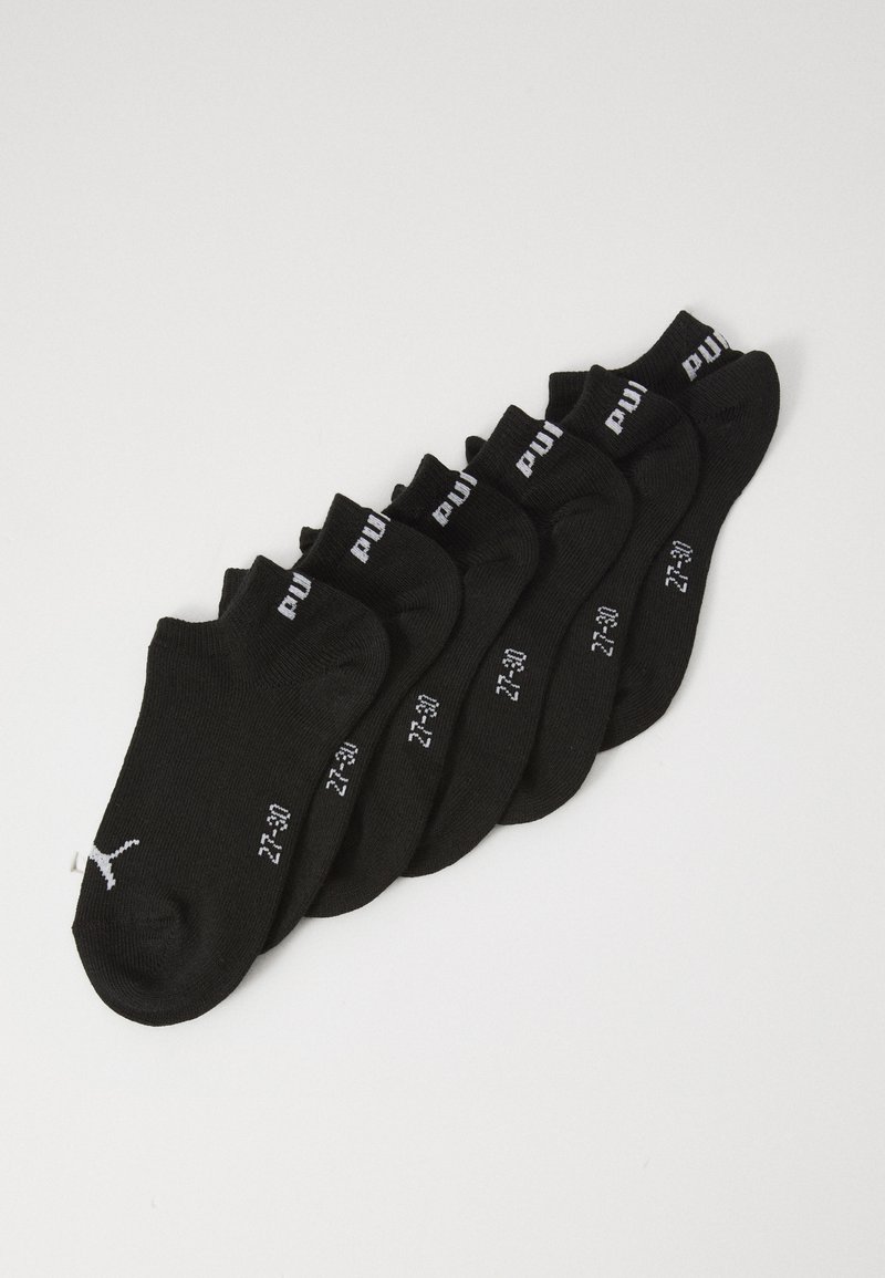 Socks atléticos pretos, design de corte baixo, material em mistura de algodão, apresentando um logótipo branco e marcas de tamanho na lateral. Conjunto de seis pares.