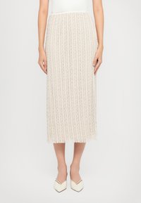 Jupe midi en dentelle beige avec des rayures verticales et des motifs festonnés, présentant une taille ajustée et une silhouette droite.