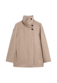 Beige vlněný kabát s vysokým límcem, vybavený předním zapínáním na knoflíky, dvěma bočními kapsami a volným, boxy siluetou.