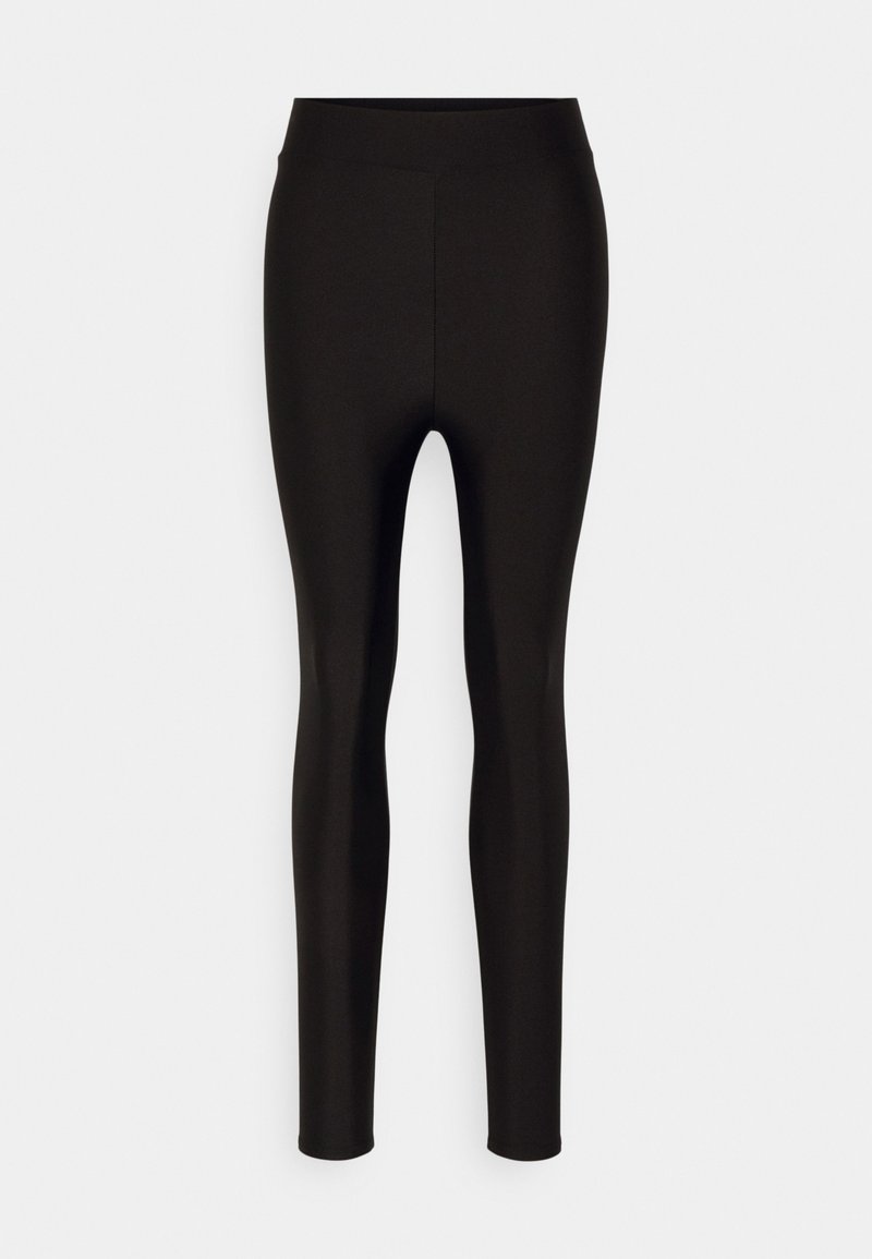 Leggings pretos feitos de um tecido liso e elástico. Apresentam uma cintura alta e pernas ajustadas, proporcionando uma silhueta elegante e justa.