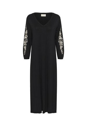 Black maxi dress with a V-neck, long sleeves featuring white floral embroidery on the arms, made of soft knit fabric.