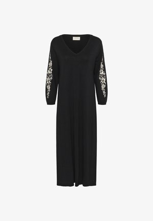 Schwarzes Maxikleid mit V-Ausschnitt, langen Ärmeln und weißer floraler Stickerei an den Ärmeln, aus weichem Strickmaterial gefertigt.