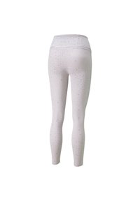 Białe legginsy o gładkiej teksturze, z różowo-fioletowym nakrapianym wzorem, z wysokim stanem i dopasowanym krojem.