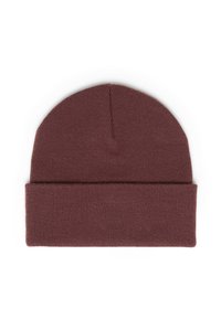 Bordeaux gebreide beanie met omgeslagen rand. Gemaakt van zacht, gestructureerd materiaal. Rond bovenaan met subtiele stikdetails.