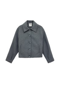 Grå, knappet uldjakke med bred krave, lange ærmer, to forlommer og lige søm.