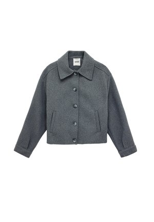 Graue Knopf-jacke aus Wolle mit breitem Kragen, langen Ärmeln, zwei vorderen Taschen und geradem Saum.