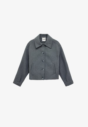 Graue Knopf-jacke aus Wolle mit breitem Kragen, langen Ärmeln, zwei vorderen Taschen und geradem Saum.