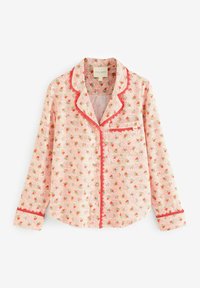 Cămașă de pijama roz cu un guler, mâneci lungi și margini contrastante roșii. Țesătura are un model mic de trandafiri pe întreaga suprafață.