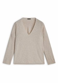 T-shirt à manches longues en V en beige, fabriqué à partir d'un tissu doux, avec une coupe décontractée et des coutures minimales. Texture lisse sans motifs visibles.