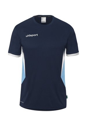 Navy blue short-sleeve sports shirt with white and light blue side panels, white sleeve cuffs, and white "uhlsport" logo on the chest.