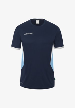 Marineblaue Sportshirt mit kurzen Ärmeln, weißen und hellblauen Seitenpaneelen, weißen Ärmelbündchen und weißem "uhlsport"-Logo auf der Brust.