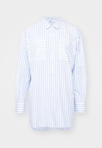 Dlouhý rukávní pruhovaná košile světle modré a bílé barvy, s límečkem, zapínáním na knoflíky, dvěma kapsami na prsou a ohrnutými manžetami. Měkká textura látky.