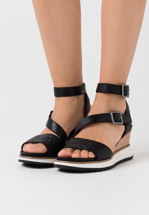 Jalkaterät, joissa on mustat wedgetossut, joissa on nilkka- ja varvasremmit, teksturoitu eturemmi ja valkoreunainen pohja valkoisella taustalla.