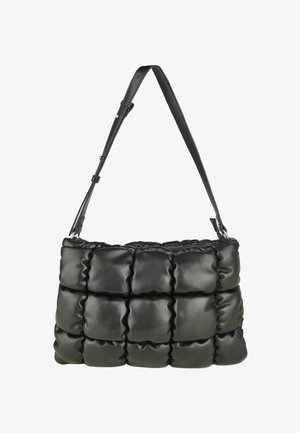 Schwarze gesteppte Leder-Schultertasche mit verstellbarem Riemen und rechteckigem Steppmuster.