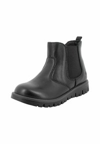Stivale Chelsea in pelle nera con pannelli elastici sui lati, punta rotonda e suola in gomma testurizzata con scanalature per una migliore aderenza.
