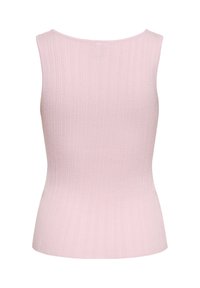 Haut sans manches en tricot côtelé rose clair avec larges bretelles et un ourlet légèrement évasé.