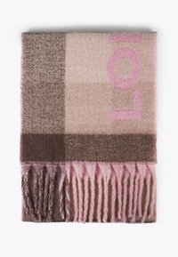 Écharpe en mélange de laine dans des nuances de rose et de marron, avec un motif à carreaux et des franges le long du bord inférieur.