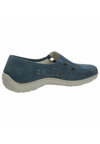 Blue suede slip-on shoe with cutout design, elastic accents, and a light-colored rubber sole. Soft texture and rounded shape enhance comfort.