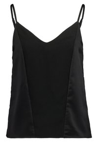 Musta hihaton toppi, jossa on syvä V-kaula-aukko, valmistettu sileästä kankaasta, jossa on matta pinta ja paneeliyksityiskohdat sivuilla.