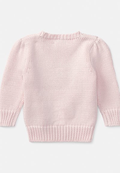 Camisola cor-de-rosa claro em malha com mangas longas bufantes, decote e punhos canelados. Apresenta um padrão solto e texturizado e a bainha reta.