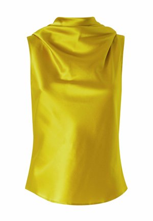 Majica bez rukava žute boje od glatkog satena, s drapiranim dekolteom i zaobljenim rubom, s malo opuštenim krojem.