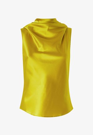Blusa sin mangas amarilla hecha de satén suave, con un escote drapeado y un dobladillo redondeado, de un corte ligeramente relajado.