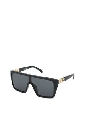 Lunettes de soleil rectangulaires noires avec une monture épaisse et des logos "TOUS" dorés sur chaque branche.