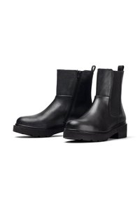 Stivaletti in pelle nera alla caviglia con zip laterale, pannelli elastici e tacco spesso. Texture liscia con cuciture in contrasto e suola robusta.