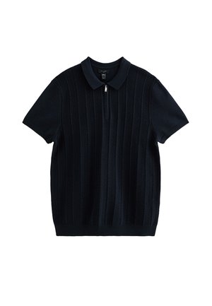 Marineblauw poloshirt met korte mouwen en een ritssluiting, voorzien van een gestructureerd geribd ontwerp en een klassieke kraag.