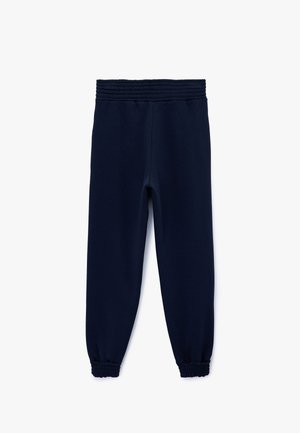 Pantalones de chándal azul marino de tejido suave, con una cinturilla elástica y puños fruncidos para un ajuste tapered cómodo.