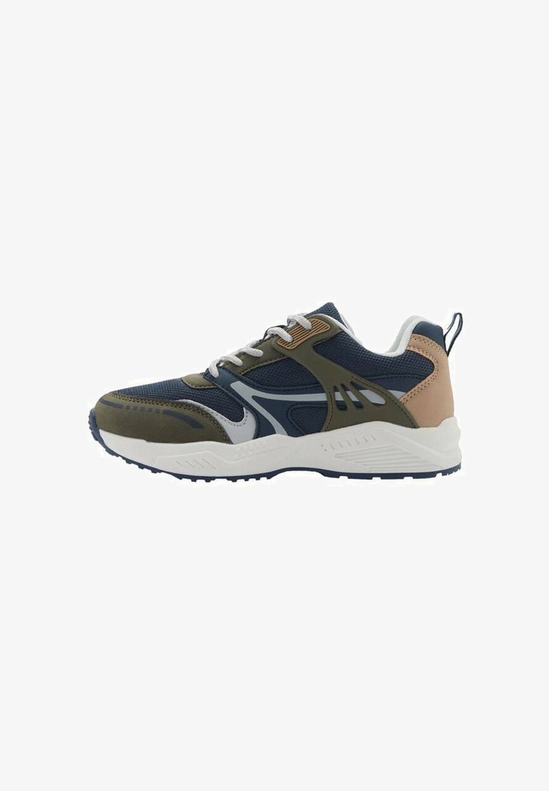 Athletiska sneakers i mörkblått, grått och beige. Överdel av mesh med mockadetaljer, gummisula och snörningsdesign. Sidoventilationsdetaljer.