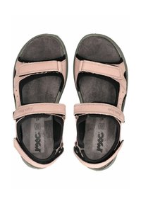 Helle rosa Sandalen mit schwarzen Akzenten, verstellbaren Riemen, weichen Einlagen und grauen Gummisohlen. Entworfen für Komfort und tragefreundliche Nutzung.
