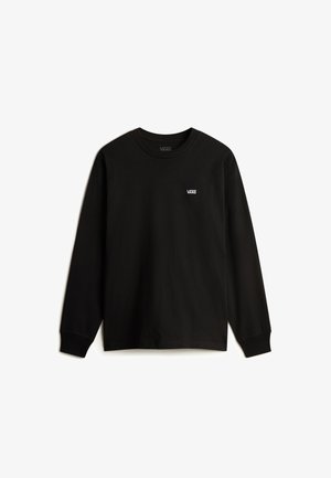 Black long-sleeve t-shirt made of cotton. Features a ribbed round neckline and a small white Vans logo on the chest. Smooth texture.