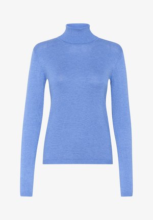 Light blue turtleneck sweater made of soft, fine knit fabric. Features long sleeves and a ribbed collar with a slim fit design.