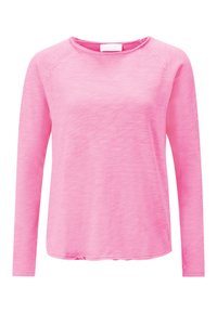 Maglietta a maniche lunghe di un brillante colore rosa, con collo a giro. Tessuto morbido e leggero con una delicata trama melange. Cuciture a punto.
