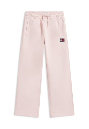 Light pink wide-leg sweatpants with elastic waistband, drawstring, side pockets, and small Tommy Hilfiger logo patch on the left thigh.
