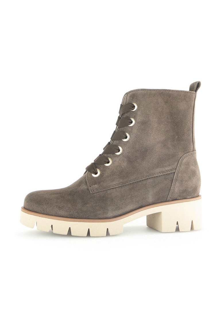 Grau Wildleder-Stiefelette mit runder Zehenpartie, Schnürung vorne und cremfarbigem, dickerem Schuhsohle. Verfügt über sechs Metallösen und eine kleine Zuglasche auf der Rückseite.