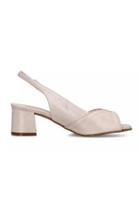 Slingback in ecopelle beige chiaro, con punta scoperta, ritagli triangolari e tacco a blocco per stabilità.