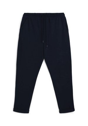 Marineblaue Jogginghosen aus weichem Material, mit einem elastischen Bund und Kordelzug, seitlichen Taschen und gerippten Säumen.