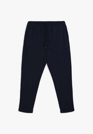 Marineblaue Jogginghosen aus weichem Material, mit einem elastischen Bund und Kordelzug, seitlichen Taschen und gerippten Säumen.