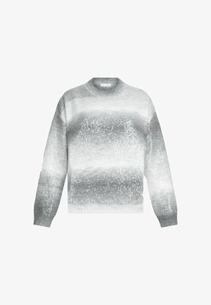 Svetar v sivo-beli ombre barvi s sequini, okroglim izrezom, dolgimi rokavi in rebrastimi manšetami. Mehak pleten tekoč in sproščen kroj.