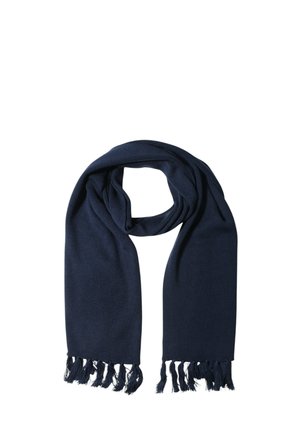 Sciarpa lavorata a maglia blu navy con bordi frangiati, caratterizzata da una morbida texture e forma rettangolare, adatta per caldo e stile.