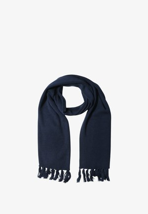 Sciarpa lavorata a maglia blu navy con bordi frangiati, caratterizzata da una morbida texture e forma rettangolare, adatta per caldo e stile.