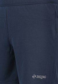 Mørkeblå atletiske shorts lavet af glat syntetisk materiale, med et lille hvidt logo nederst til venstre og et subtilt tekstureret mønster.